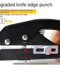Black handheld 12mm circle hole punch for ID cards and PVC badges, easy to use with 0 to 25mm adjustable feed, mess-free design