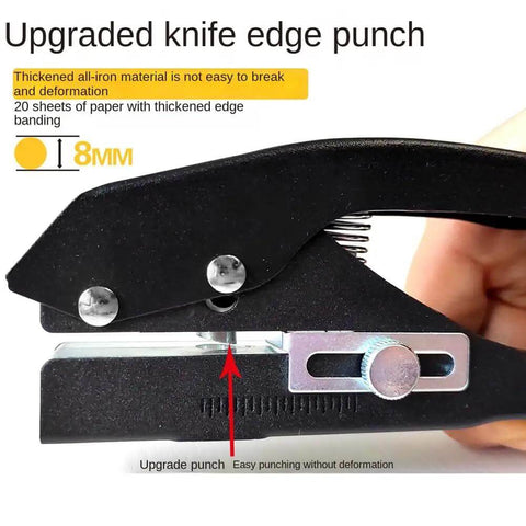 Black handheld 12mm circle hole punch for ID cards and PVC badges, easy to use with 0 to 25mm adjustable feed, mess-free design