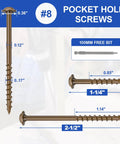 Detailed view of 1 1/4 Inch Coarse Thread Pocket Hole Screws, 100 Pieces, Square Drive, Washer Head, Brown, Four Layer Corrosion Resistant Coating.
