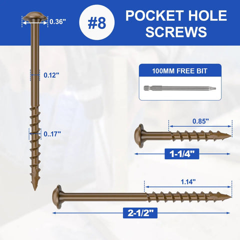 Detailed view of 1 1/4 Inch Coarse Thread Pocket Hole Screws, 100 Pieces, Square Drive, Washer Head, Brown, Four Layer Corrosion Resistant Coating.