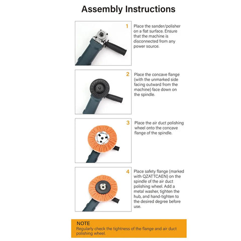Assembly instructions for 4 Inch Airway Buffing Wheel Flange Kit With Five Eighths Inch Arbor Hole Extension Shaft Ready Safe Flange