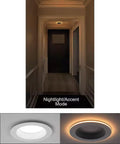 6 Inch Integrated LED Recessed Downlight With Night Light Trim, 11W 670 Lumens, Wet Rated, Five Color Output Options, shown in hallway