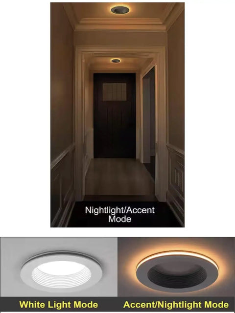6 Inch Integrated LED Recessed Downlight With Night Light Trim, 11W 670 Lumens, Wet Rated, Five Color Output Options, shown in hallway