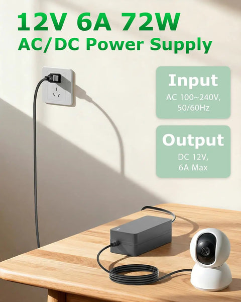 12V 6A Power Supply Adapter 72W With A Go-To 10ft Cord connected to a power outlet, next to a CCTV camera on a table