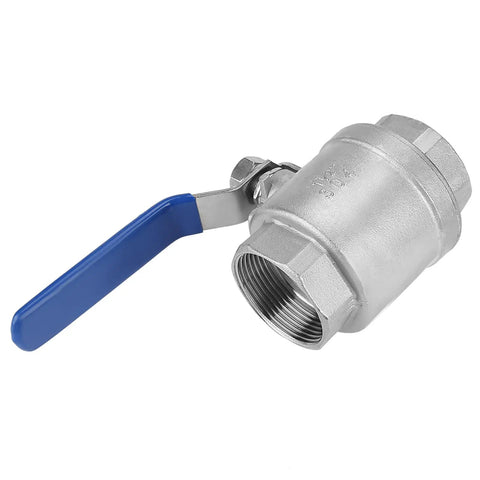 Heavy Duty Stainless Steel Quarter Turn Ball Valve One Point Five Inch Npt Female Full Bore Connection For Water Oil Gas Lines Built Different With Hella Smooth Control, showing valve with a blue handle.