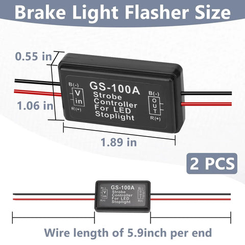 Brake Strobe Light Flasher Module Two Pack With Dual Flash Patterns For Safer Driving, Four Quick Then Four Slow Blinks Before Steady Light, GS 100A Car Brake Warning System For Eye Catching Alerts, 1.89 x 1.06 x 0.55 in