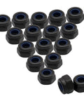 Hella Solid M4 x 0.7mm Nylon Insert Hex Lock Nuts 100 Pc Pack Metric Threaded Hardware, close-up view with black and blue colors.