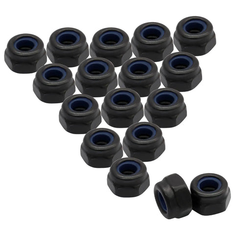 Hella Solid M4 x 0.7mm Nylon Insert Hex Lock Nuts 100 Pc Pack Metric Threaded Hardware, close-up view with black and blue colors.