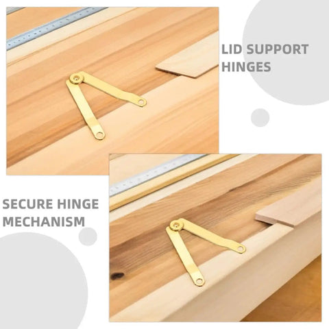 Golden Iron Lid Support Hinges For Jewelry Box And Treasure Chest With Sleek Design And Easy Mounting on wood surface