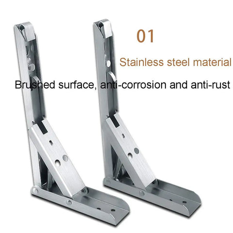 Heavy Duty Folding Triangle Wall Brackets For Custom Corner Shelves, Built Like A Tank Stainless Steel Corner Supports, shown in brushed stainless finish.