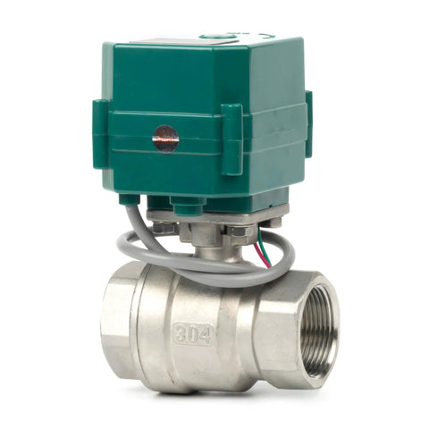 Front view of One And One Quarter Inch Tough As Nails Motorized Ball Valve Made From 304 Stainless Steel Full Port NSF Certified Electric Ball Valve