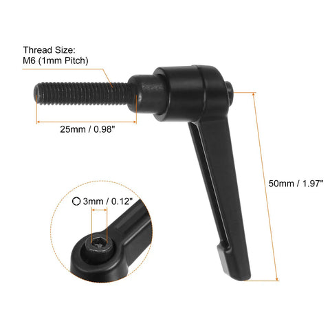 6 Piece Black Aluminum Alloy Adjustable Clamping Lever Handles With M6 X 25 Male Thread Bolt Knobs showing thread measurements and dimensions.