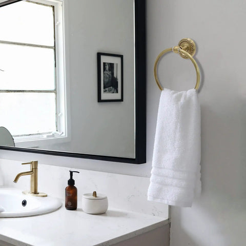 Elegant bathroom scene with towel on ring, part of All In One Antique Brass Bathroom Accessories Set With 24 Inch Towel Holder And Wall Mount Hardware.
