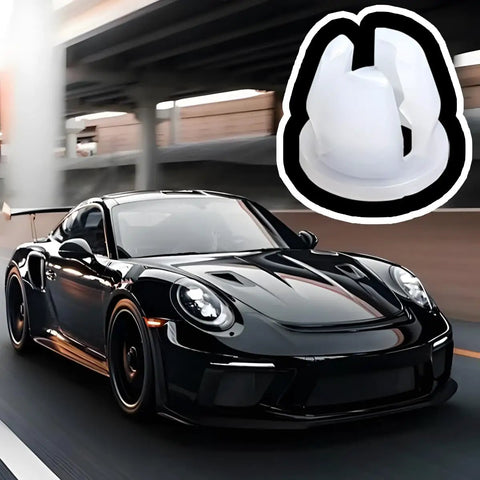 Beefy 10 Pack Car Headlamp Mounting Grommet Retaining Clip Set shown with sports car background