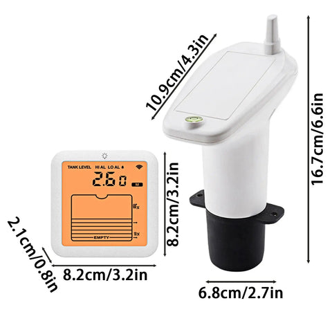 No Fuss Ultrasonic Water Level Monitor With Digital Readout And High Sensitivity Sensor For Accurate Tank Capacity Measurement In Home Containers, Reservoirs, Farms And Indoor Storage, with dimensions shown.