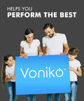 Family presenting a blue sign with the logo of Voniko, wearing white shirts against a gray background.