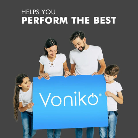 Family presenting a blue sign with the logo of Voniko, wearing white shirts against a gray background.