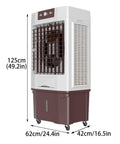 Portable Evaporative Air Cooler With Massive Water Tank And Two Frozen Ice Packs For Quick Room Chill, 125cm tall, with caster wheels.