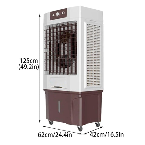 Portable Evaporative Air Cooler With Massive Water Tank And Two Frozen Ice Packs For Quick Room Chill, 125cm tall, with caster wheels.