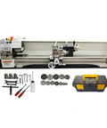 Top Shelf Benchtop Metal Lathe Machine 8 X 39 Inch Capacity 1100W Brushless Motor Variable 50 To 2500 Rpm with accessories and toolbox.