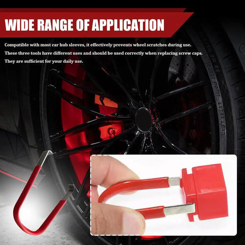 Red lug nut extractor tool from Three Piece No Sweat Wheel Hub Bolt Cover Removal Tool Set, designed for easy removal of screw caps.