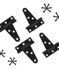 Heavy Duty Black T Shaped Hinges 50 Pack Rock Solid Iron Hardware For Wooden Barn Door Fence Gate And Window Replacement With Smooth Swinging Movement And Rugged Design Built Tough, displaying four T-shaped hinges with screws.