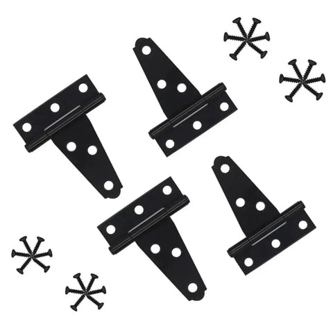 Heavy Duty Black T Shaped Hinges 50 Pack Rock Solid Iron Hardware For Wooden Barn Door Fence Gate And Window Replacement With Smooth Swinging Movement And Rugged Design Built Tough, displaying four T-shaped hinges with screws.