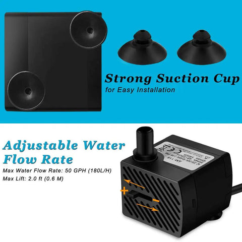 Whisper Quiet 3W 50GPH Mini Submersible Water Pump For Small Fountains with suction cups and adjustable flow rate feature