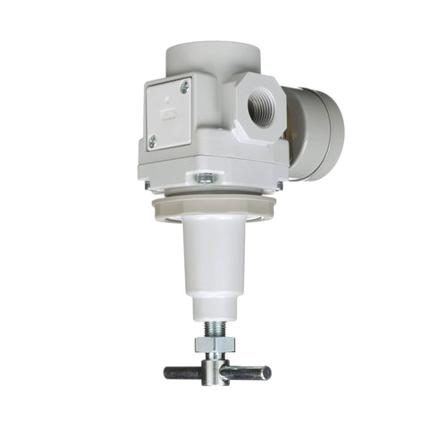 PneumaticPlus SAR300T-N03BG air regulator, side view, with 3/8 in NPT port, T-handle, gauge and bracket