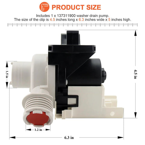 Heavy Duty Upgraded Washer Drain Pump Compatible With Electrolux And Frigidaire Washing Machines, 4.5x6.3x5in with measurements displayed.