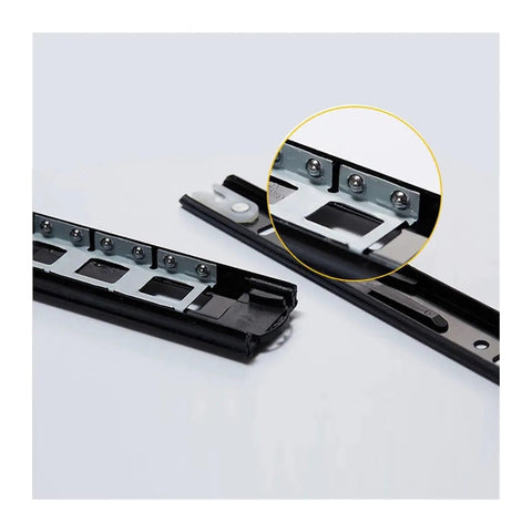 Close-up view of Two Pack Heavy Duty Metal Buffer Drawer Slides with smooth glide, featuring 12 to 20 inch rails and 45mm width.