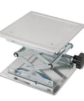 Angled side view of stainless steel 6x6 in lift table lab stand with scissor jack and black hand wheel