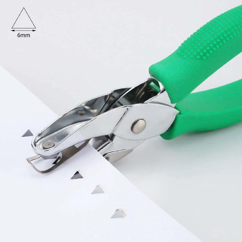 Two Pack Handheld Metal Hole Punches For DIY Crafts And Scrapbooks, Triangle 6mm And Square 4.5mm, soft grip handle in use