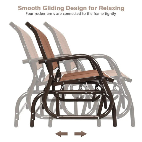 Two Person Swing Glider Chair 48 Inch Cozy Patio Bench with smooth gliding design, steel frame, and brown seat.