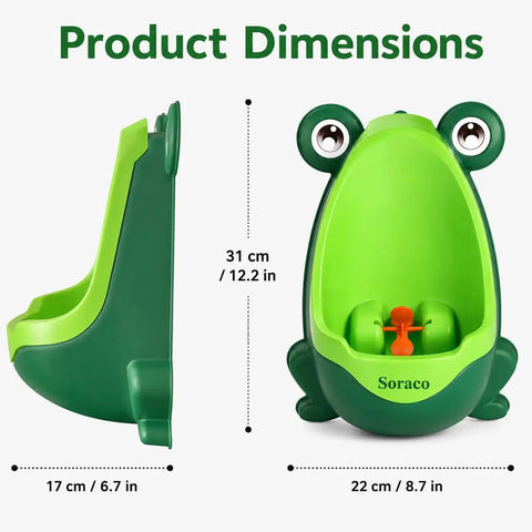Cute Green Frog Potty Urinal For Toddlers Featuring Playful Aiming Target with measuring dimensions 31 cm height.