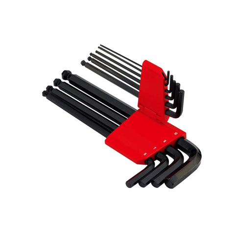 Ball End Hex Key Set With Allen Wrenches 10 Piece Metric Mm Sizes 1.5mm 2mm 2.5mm 3mm 4mm 5mm 6mm 7mm 8mm 10mm Black Oxide Coated Steel holder