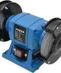 No Sweat Five Inch Desktop Bench Grinder Sharpener with solid frame, dual grit wheels, and work light for sharpening tools.