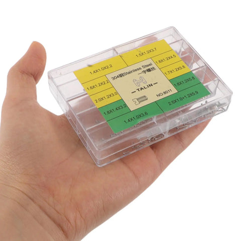 No Sweat Heavy Duty Stainless Steel Watch Screws Assortment Set featuring flat head micro fasteners held in hand.