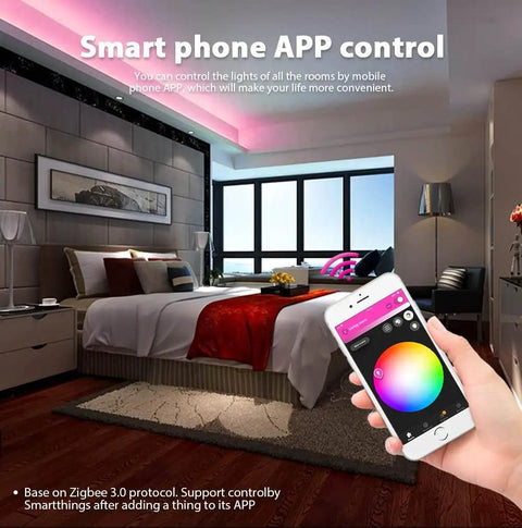 Person using smartphone to control Zigbee 3.0 RGBCCT LED Strip Controller with Alexa app in a modern bedroom, colorful lighting shown.