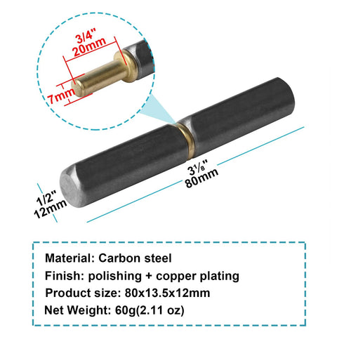 Weld-on bullet hinge pin, 3-1/8 in x 1/2 in, carbon steel with copper plating; front view