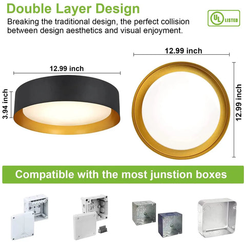 Eighteen Watt Flush Mount LED Ceiling Light, Dimmable Round 13 Inch Fixture, 3000K 4000K 5000K, Black Exterior, Gold Interior