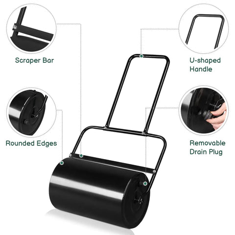 Heavy Duty Lawn Roller 10 Gallon Water And Sand Filled Garden Drum Roller with U Shaped Handle, black durable steel