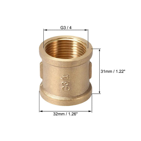 Front view of brass cast pipe coupling with G3/4 female threads; gold-tone metal fitting