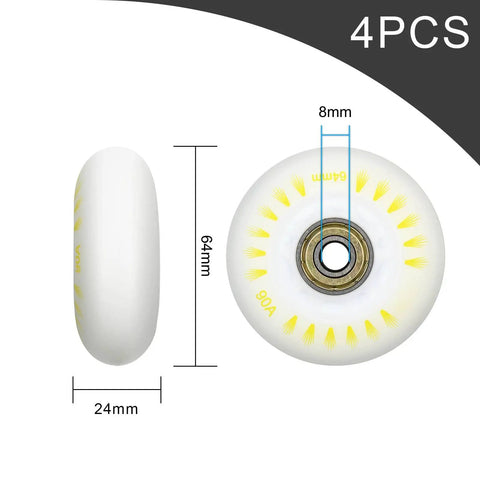 Light Up Inline Skate Wheels 64mm Dope Rainbow LED Replacement Wheels with ABEC-9 Bearings, 90A hardness, side and top view