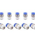 Set of ten nickel-plated brass quick-connect fittings 1/4 in OD to 1/4 in NPT male, shown in rows