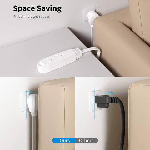 6 Foot 3 Outlet Extension Cord Two Pack Built For Real Life Use, white cord plugged behind furniture for space saving.