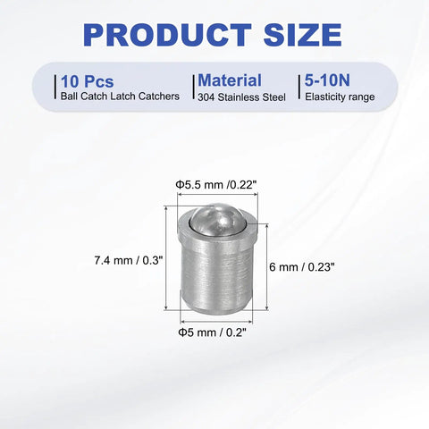 Top Shelf 304 Stainless Steel Ball Plungers With Spring Loaded Catch Design For Slick Cabinet Doors And Heavy Duty Drawers 5X6MM Pack Of 10, size and material infographic.