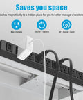 Eight Outlet Magnetic Power Strip With 6 Ft 14AWG Cord Mounts On Metal Surfaces No Drill Setup Includes Four Screws For Easy Wall Or Desk Use Perfect For Garage Shop Or Home Office, black 8-outlet strip mounted under a desk
