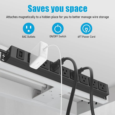 Eight Outlet Magnetic Power Strip With 6 Ft 14AWG Cord Mounts On Metal Surfaces No Drill Setup Includes Four Screws For Easy Wall Or Desk Use Perfect For Garage Shop Or Home Office, black 8-outlet strip mounted under a desk