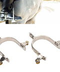 Rugged Stainless Steel Western Horse Spurs With Rotatable Gear Carved Equestrian Style For Men And Women Dope Boot Spurs For Training And Trail Riding Today shown on boots and close-up